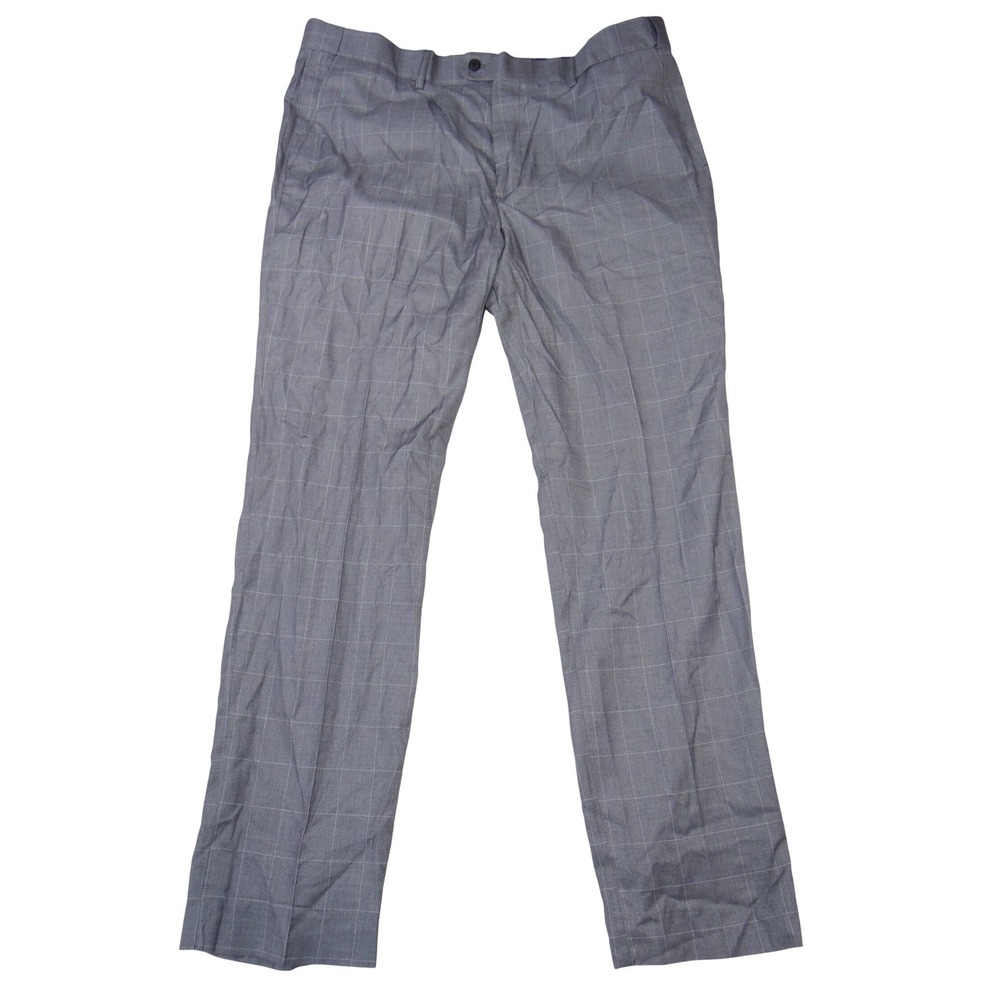 Mens Grey Windowpane Plaid Dress Pants Flat Front Trousers Size 38 S6037